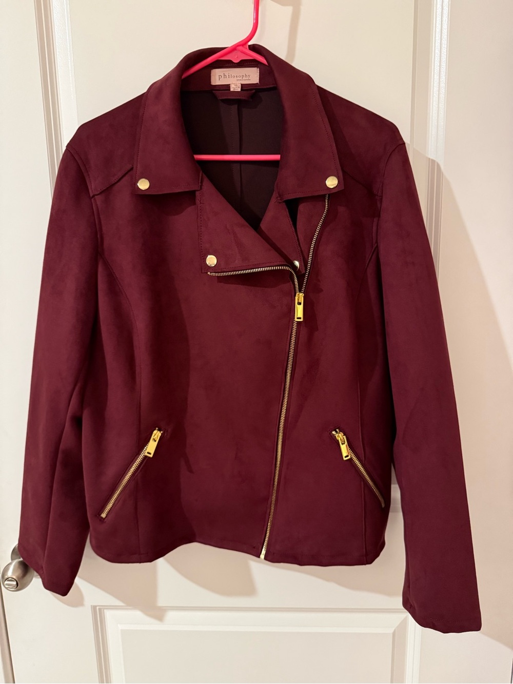 Philosophy Wine Suede-Look Moto Jacket with Gold Hardware